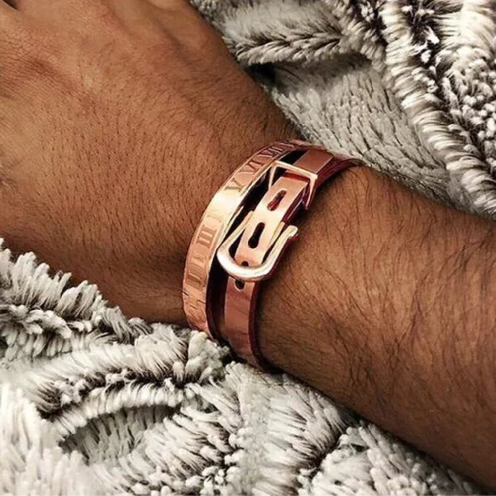 2 PC Royal Roman Buckle Numeral Cuff Bracelets Bangles Rose Gold